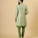 Handmade Lime Green Geometrical Embroidered Open Sherwani with Green Kurta Pajama for Men - Father Son Combo | Jaipurio